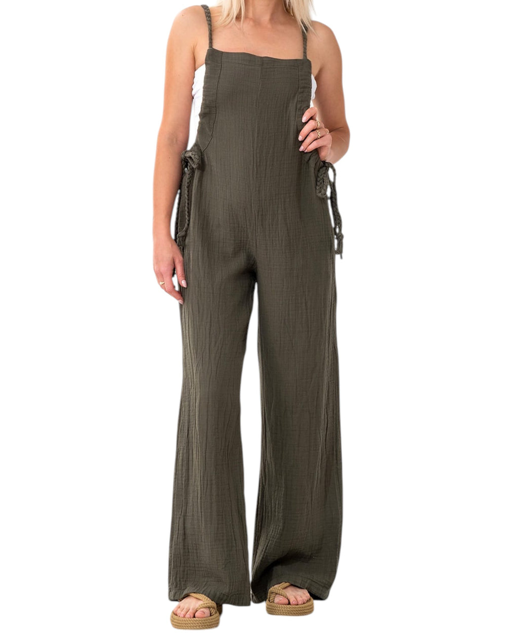 Overall Damen Jumpsuit Musselin mit Flechtträgern – locker & größenverstellbar