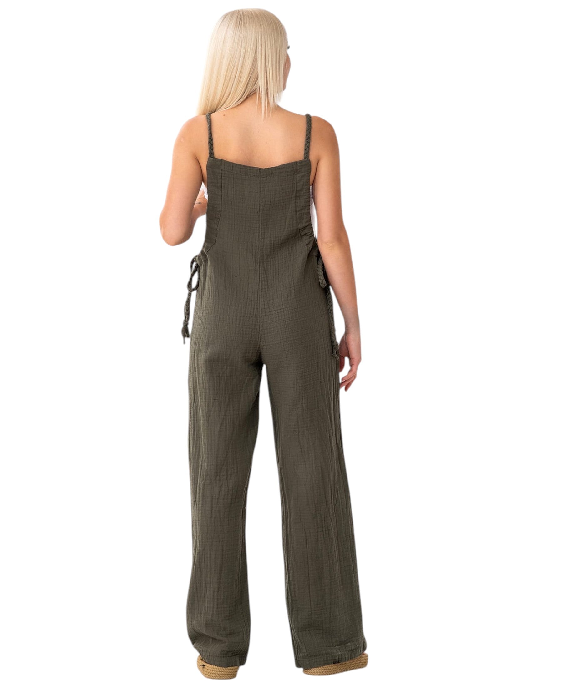 Overall Damen Jumpsuit Musselin mit Flechtträgern – locker & größenverstellbar