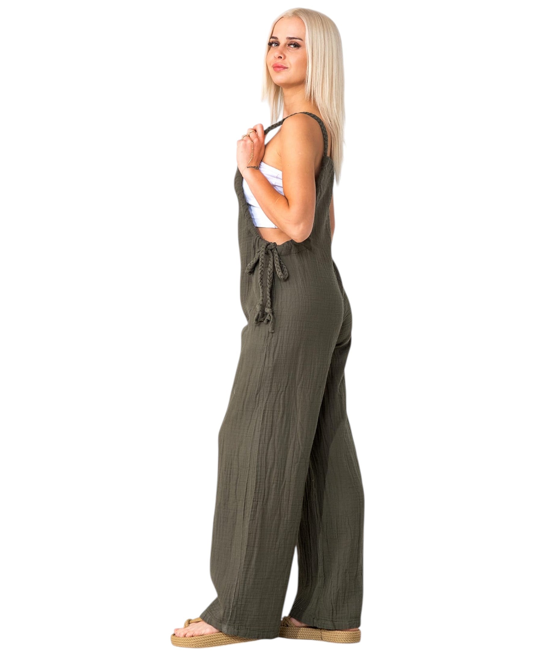 Overall Damen Jumpsuit Musselin mit Flechtträgern – locker & größenverstellbar