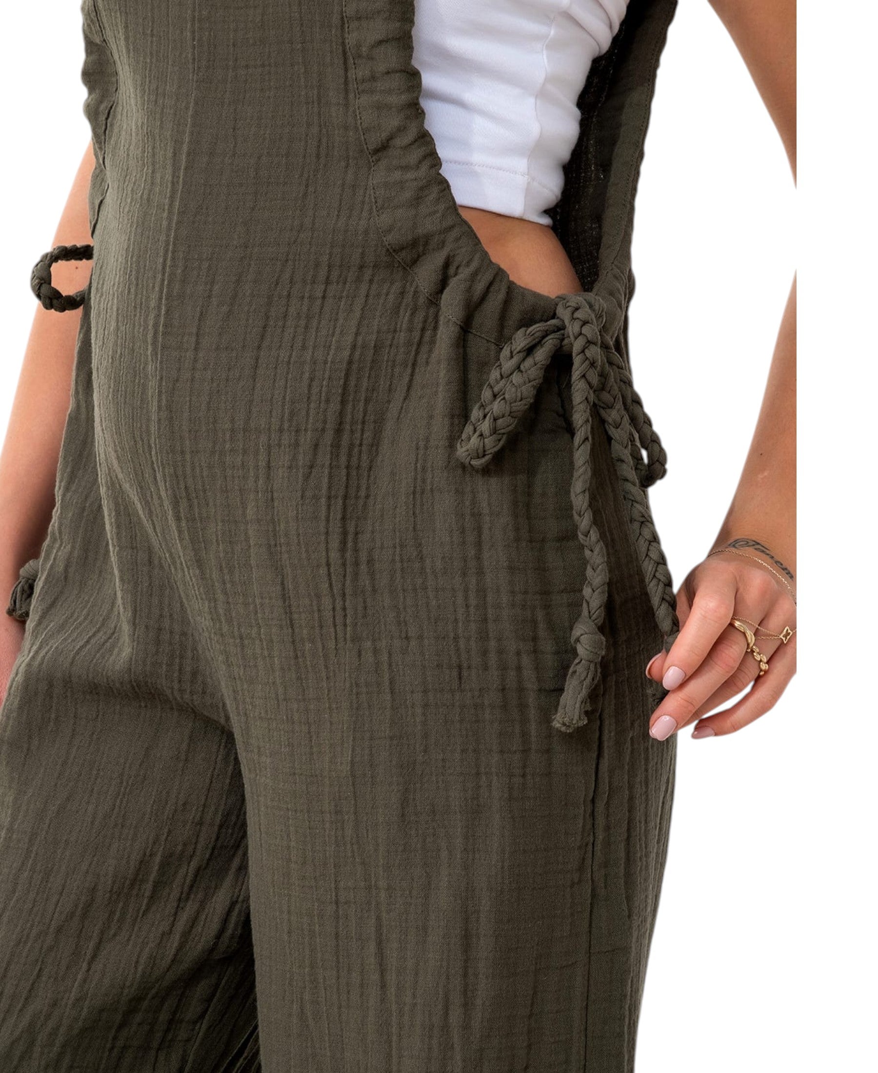 Overall Damen Jumpsuit Musselin mit Flechtträgern – locker & größenverstellbar