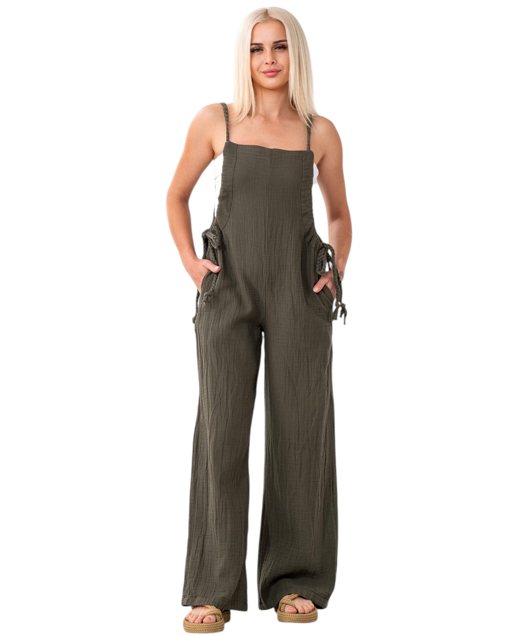Overall Damen Jumpsuit Musselin mit Flechtträgern – locker & größenverstellbar