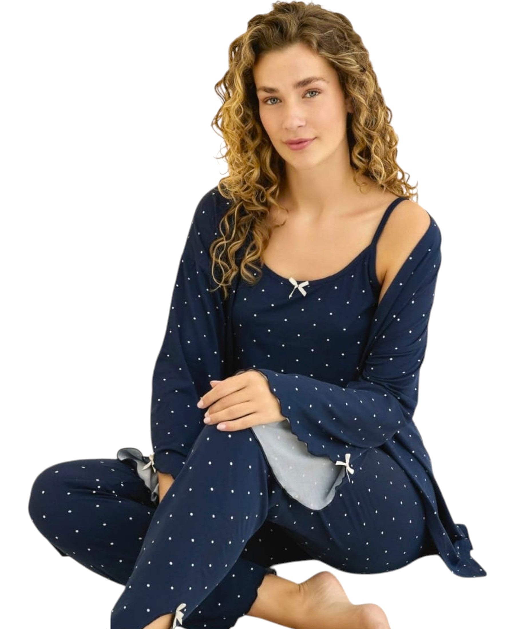 Pyjama Damen 3-teiliges Set - Hausanzug mit Top, Hose & Morgenmantel