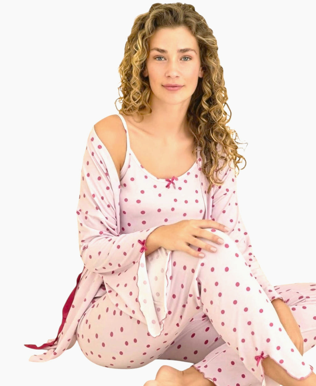 Pyjama Damen 3-teiliges Set - Hausanzug mit Top, Hose & Morgenmantel