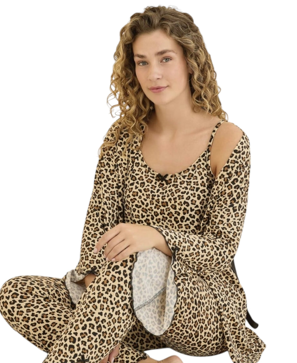 Pyjama Damen 3-teiliges Set - Hausanzug mit Top, Hose & Morgenmantel