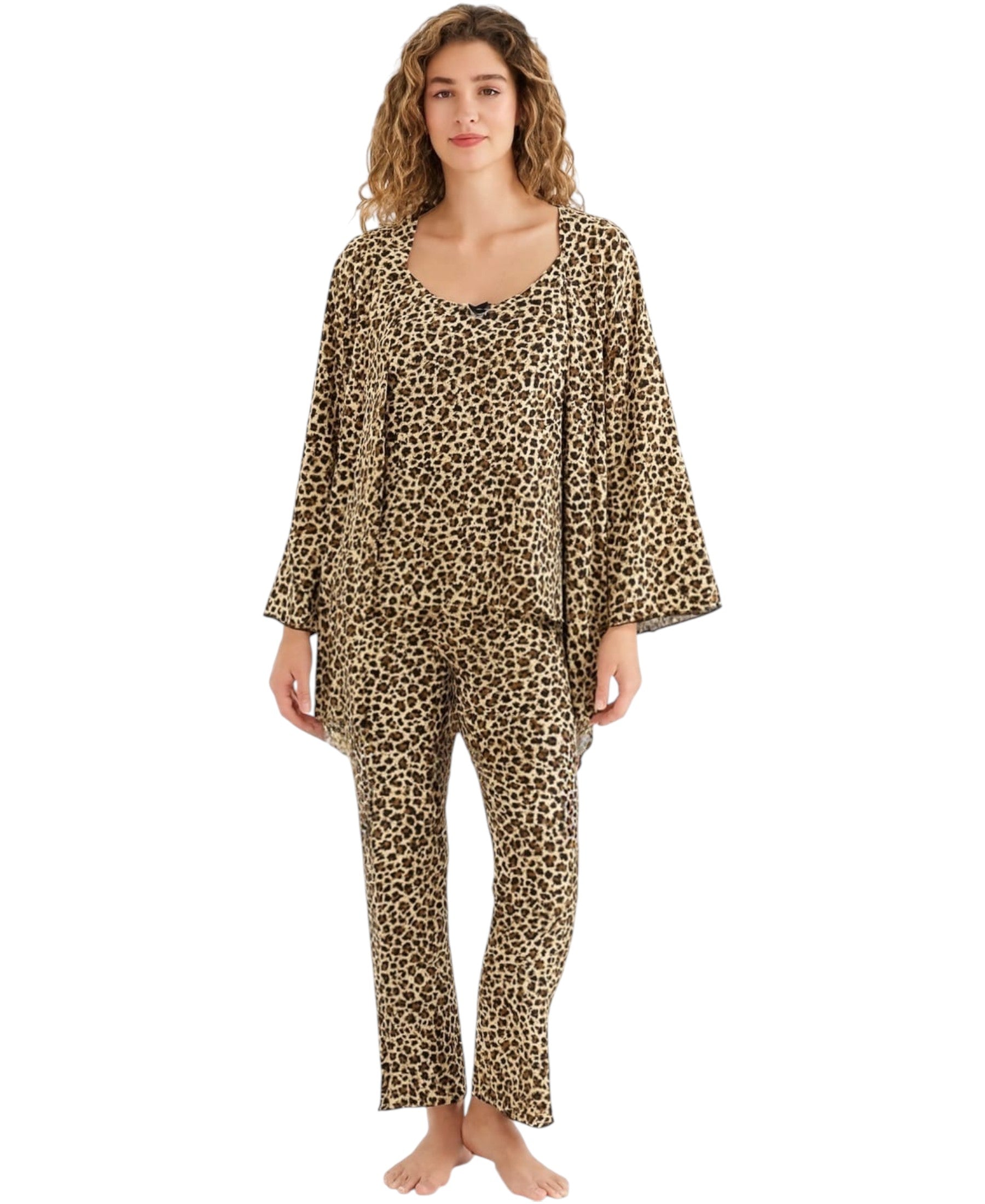 Pyjama Damen 3-teiliges Set - Hausanzug mit Top, Hose & Morgenmantel