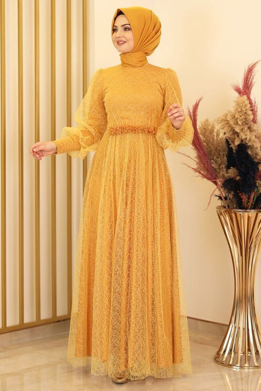 Abendkleid silbriges Tüllkleid Abiye Abaya Hijab Kleid Maxikleid (SIMLI GAMZE)