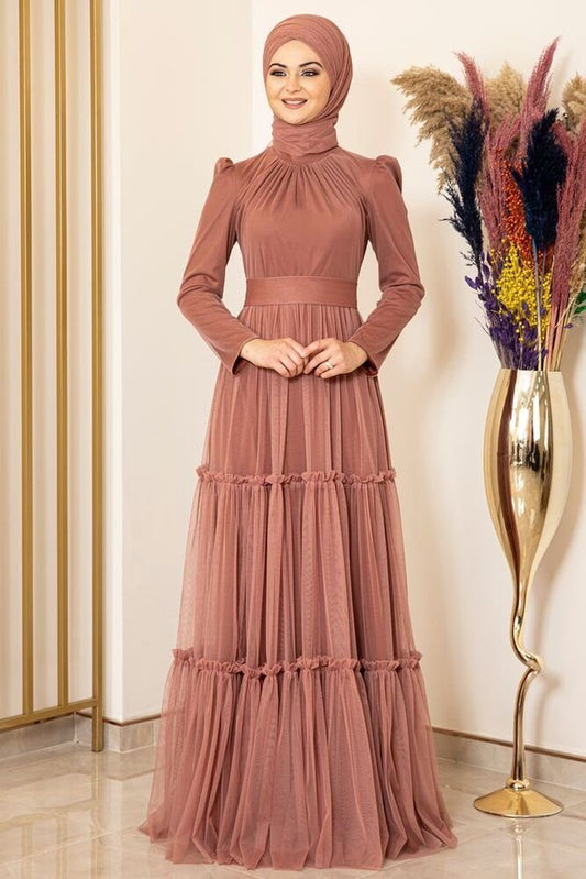 Abendkleid Tüllkleid mit Rüschenrock Hijab Kleid Abiye Abaya Maxikleid