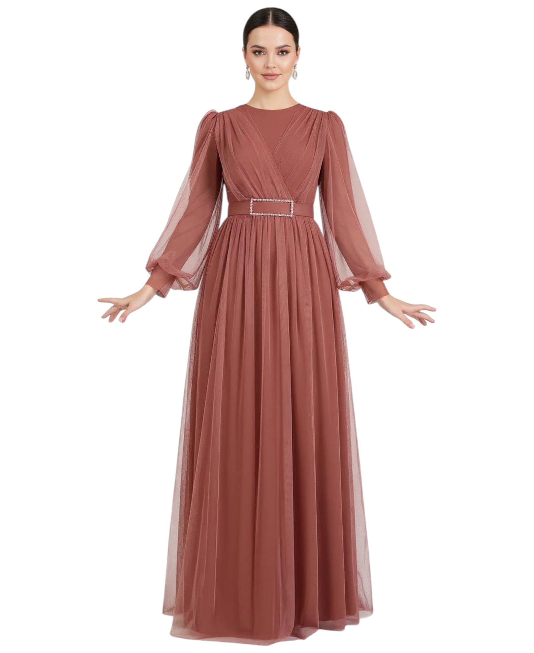 Abendkleid Damen Maxikleid langarm Tüllkleid elegant mit Gürtel Modest Fashion