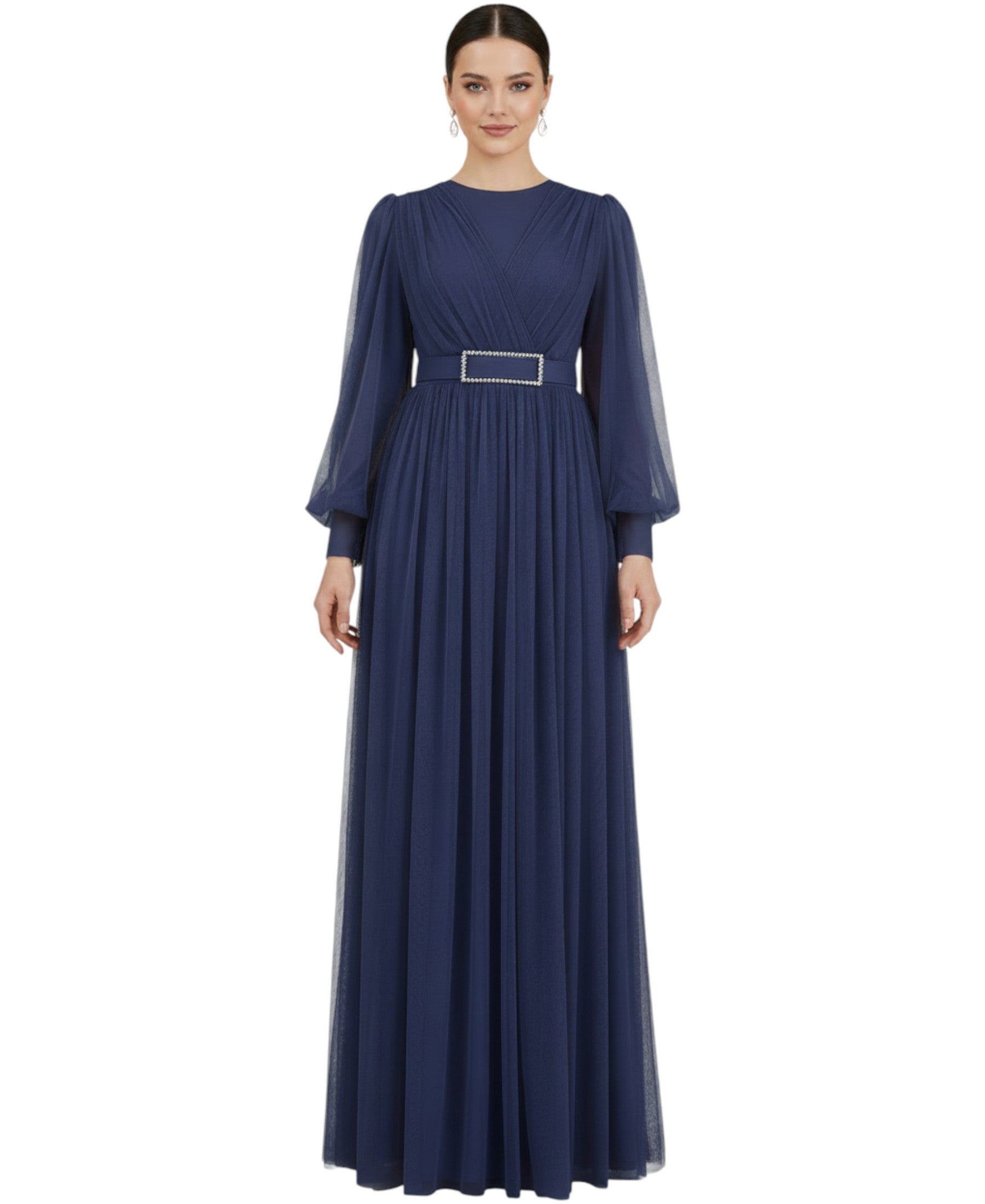 Abendkleid Damen Maxikleid langarm Tüllkleid elegant mit Gürtel Modest Fashion