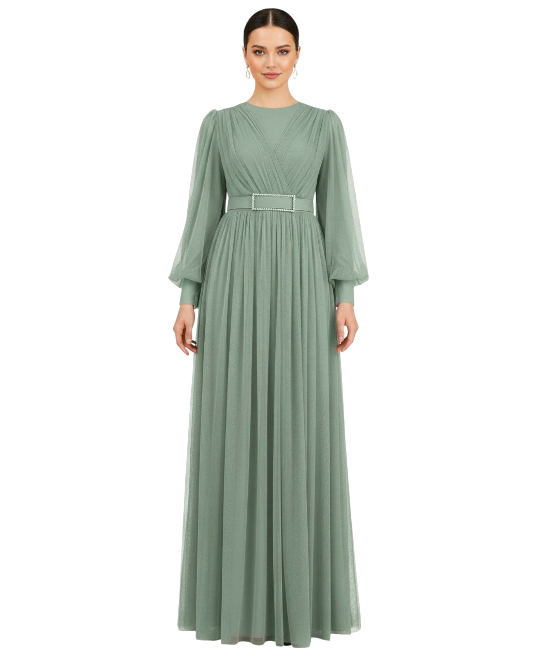 Abendkleid Damen Maxikleid langarm Tüllkleid elegant mit Gürtel Modest Fashion