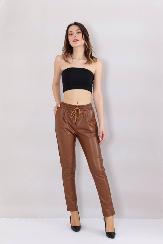 Lederimitathose Damen Hose in Lederoptik - Stretch-Komfort mit Tunnelzug