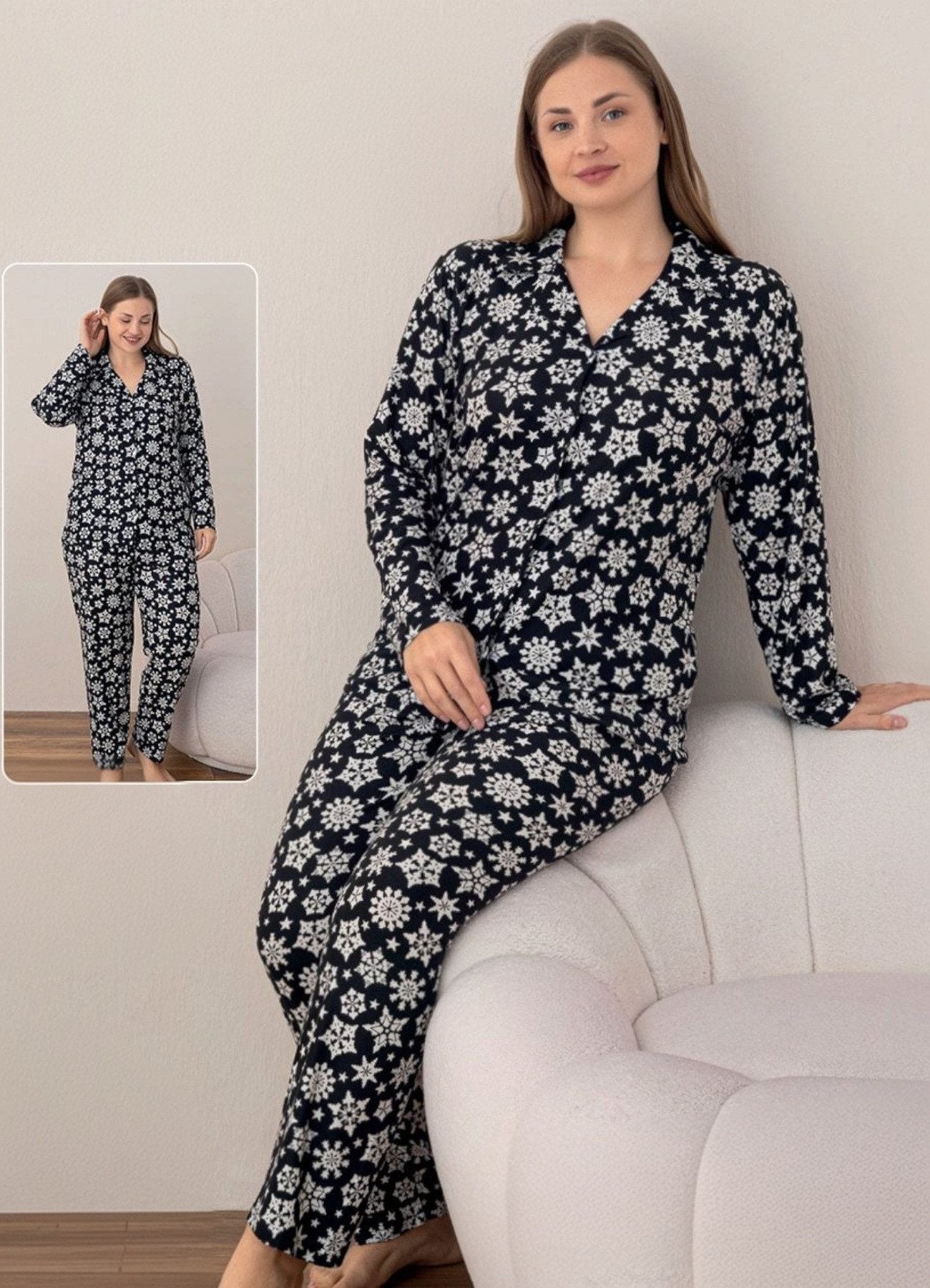 Pyjama Damen Hausanzug mit Schneeflocken-Design