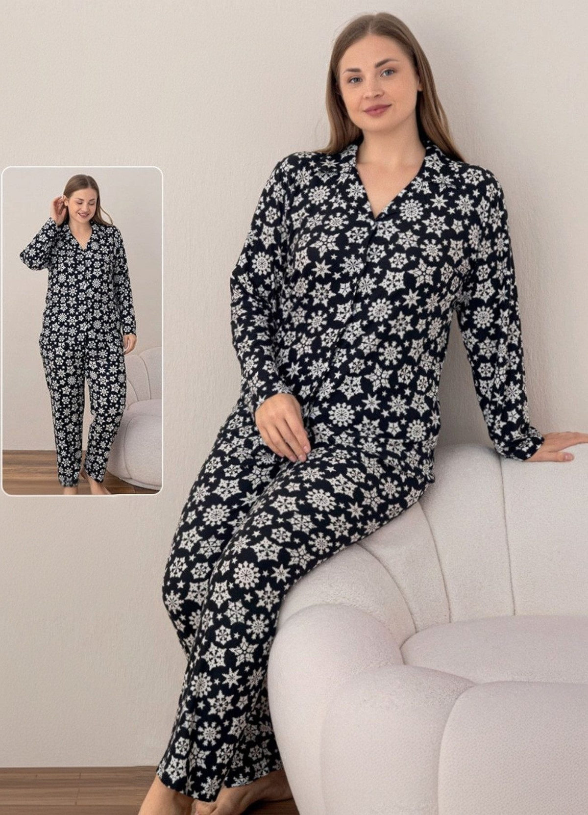 Pyjama Damen Hausanzug mit Schneeflocken-Design