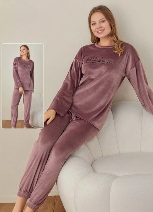 Schlafanzug Hausanzug aus 100% Samt Baumwolle- Damen Pyjama für Herbst & Winter