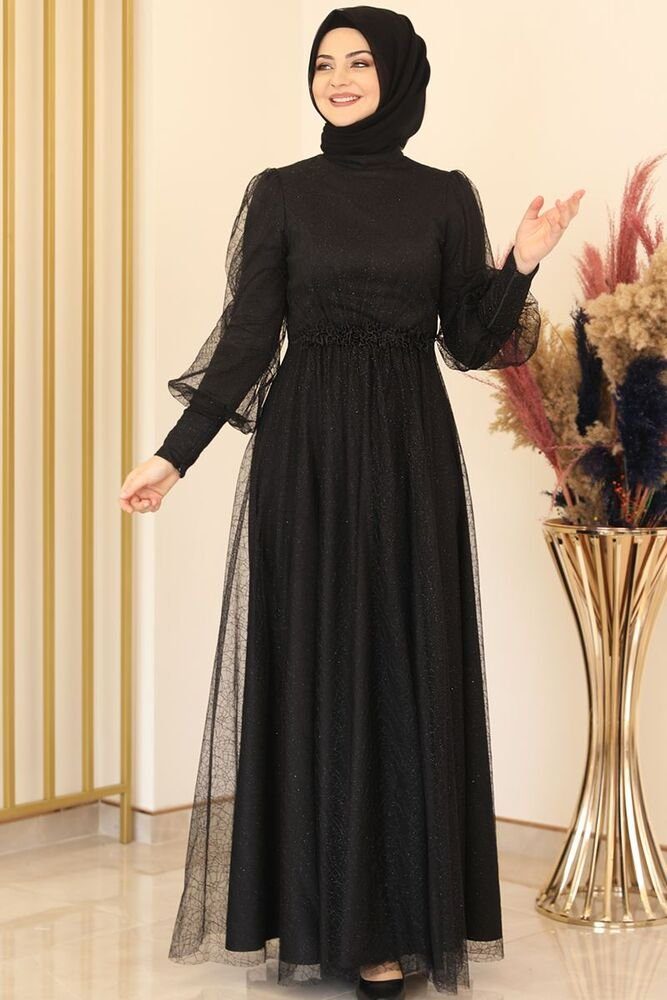 Abendkleid silbriges Tüllkleid Abiye Abaya Hijab Kleid Maxikleid (SIMLI GAMZE)