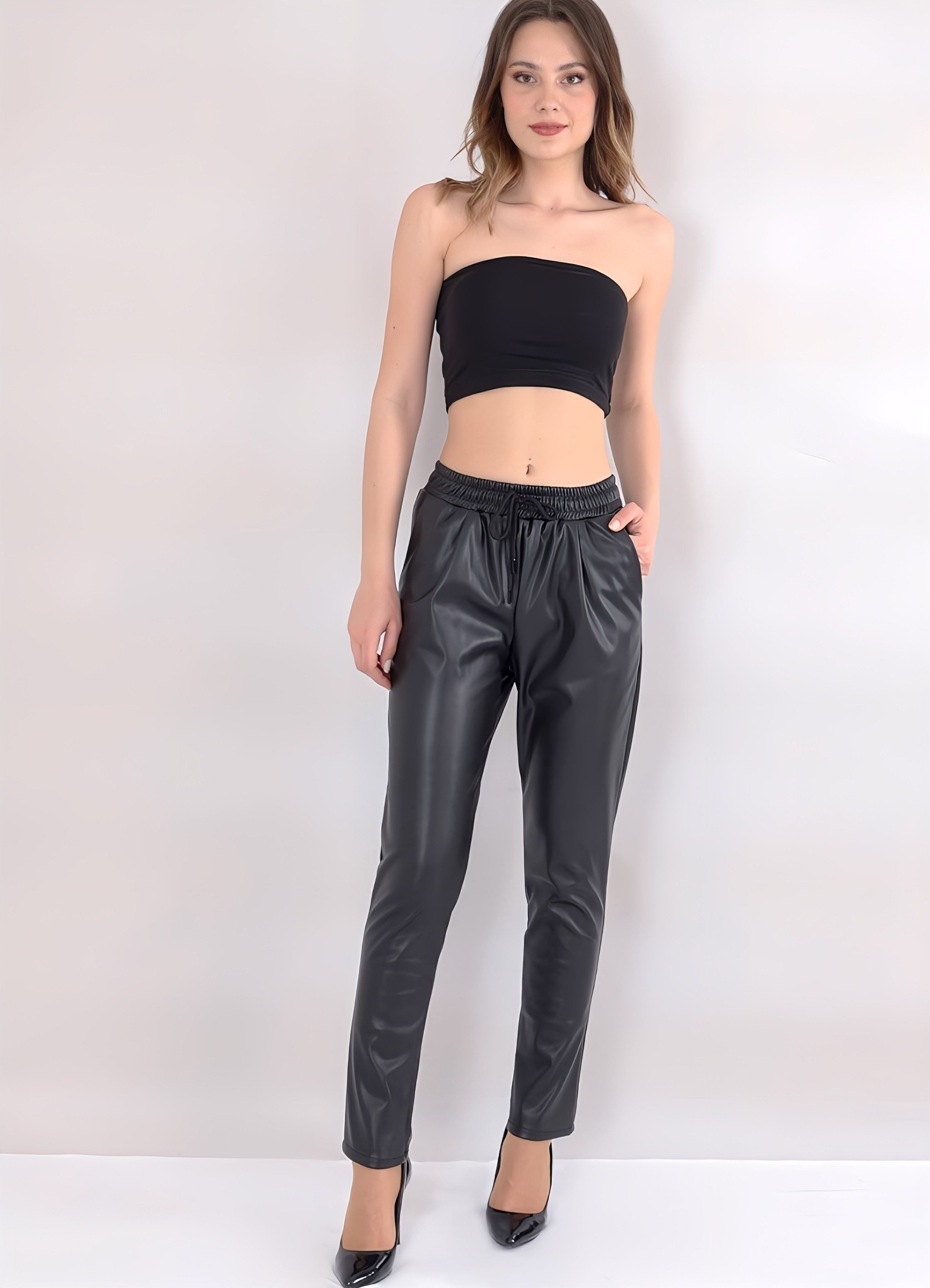 Lederhose Damen Kunstleder-Jogger mittlere Taille – Outdoorhose Lederoptik