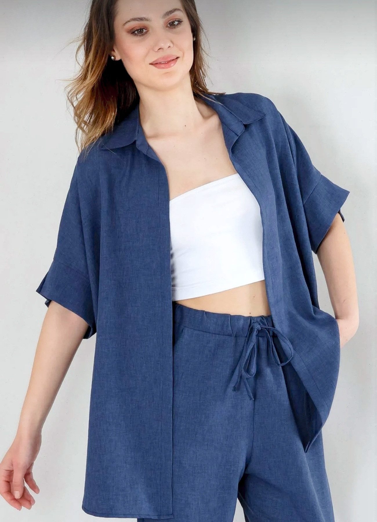 Leinenhemd Damen Oversize Hemd in Leinenoptik – Einheitsgröße (34-44)