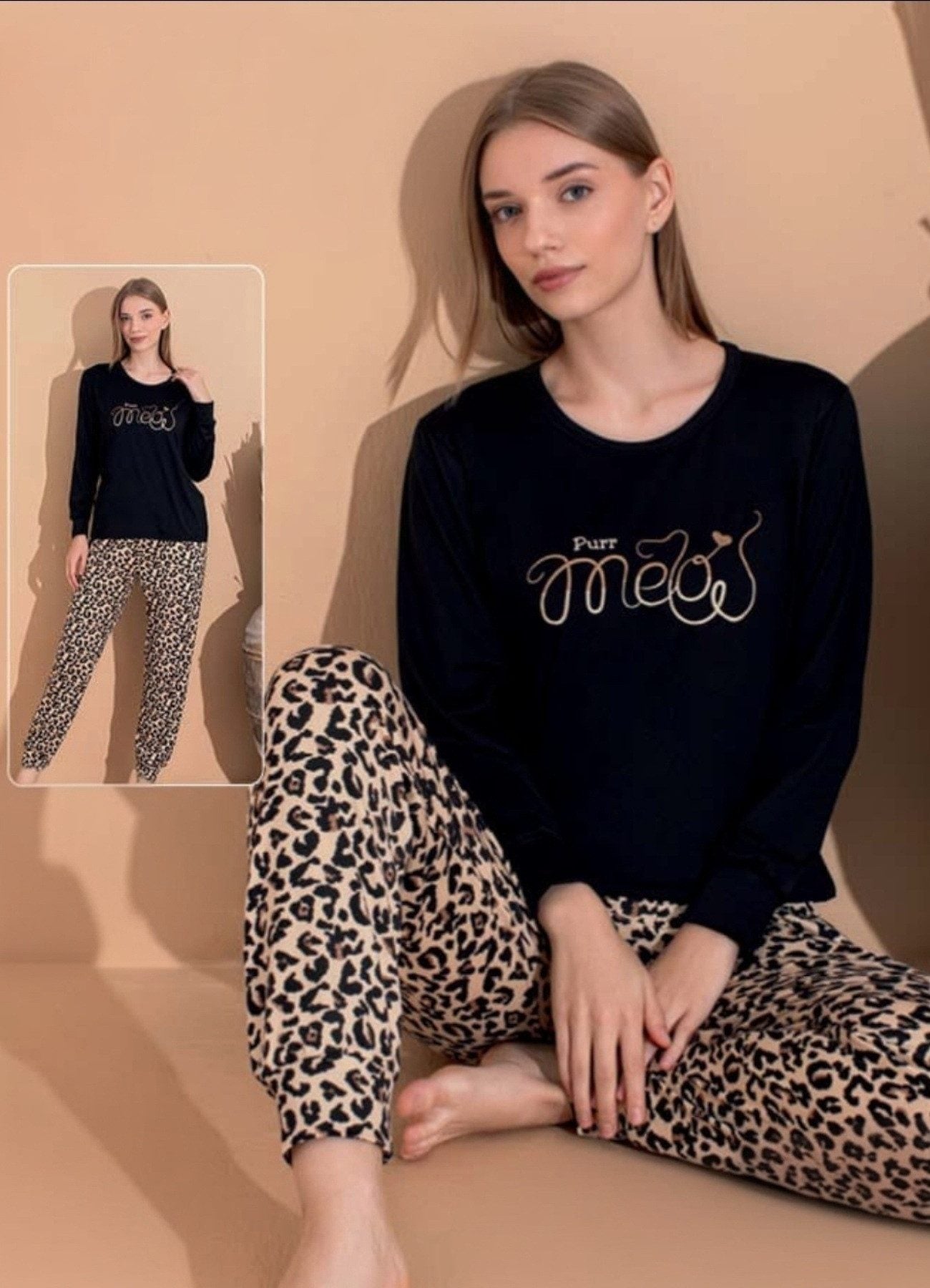 Pyjama Damen Schlafanzug Sandy-Stoff mit Leopardenmuster