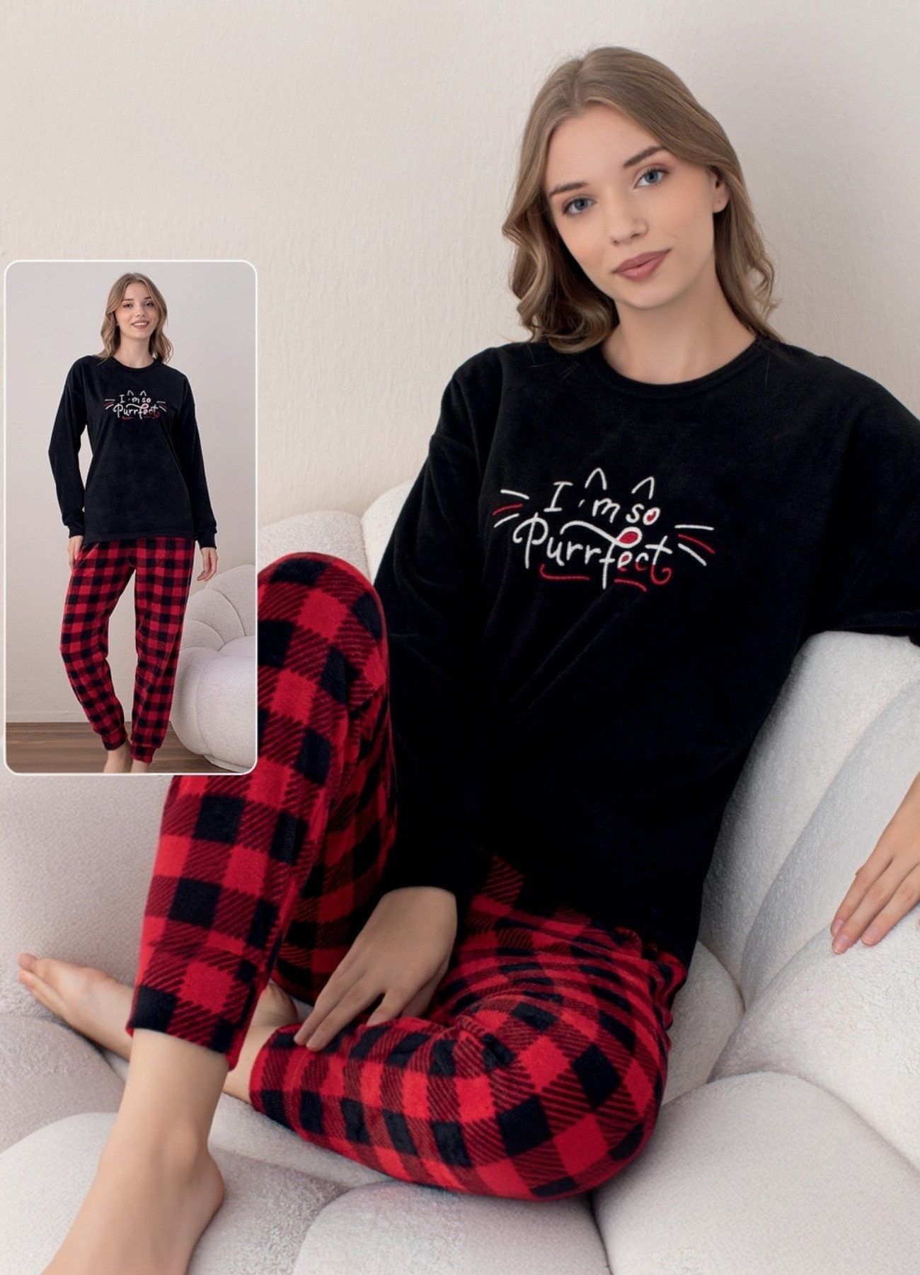 Pyjama Damen Schlafanzug Soft Samt 100% Baumwolle, Plüsch-Fleece 5 Designs