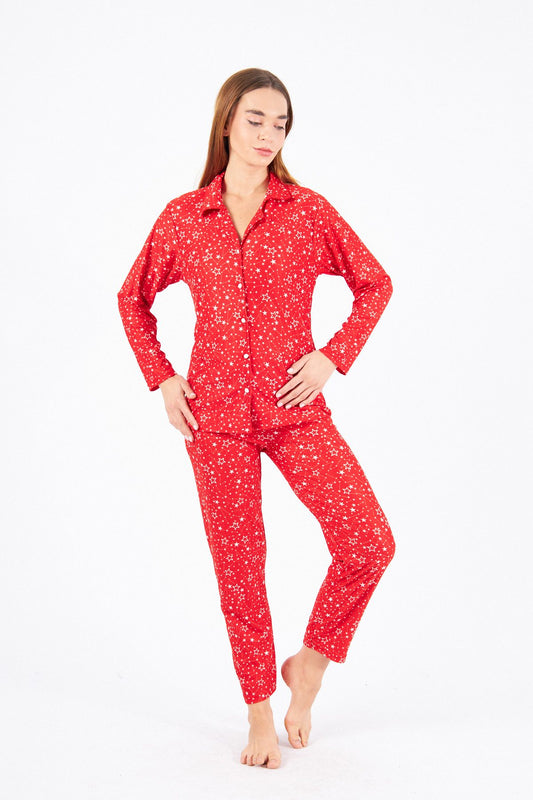 Schlafanzug Damen Pyjama Set Langärmliges Hemd Lange Hose 100% Baumwolle