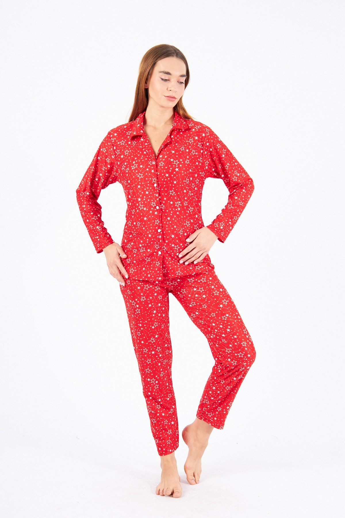 Schlafanzug Damen Pyjama Set Langärmliges Hemd Lange Hose 100% Baumwolle