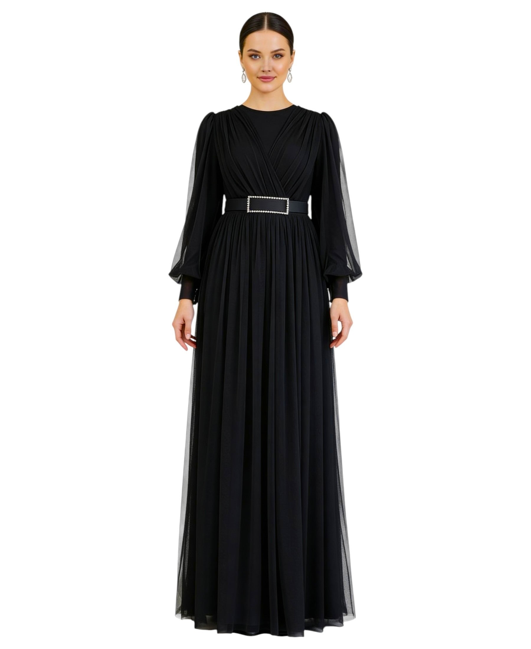 Abendkleid Damen Maxikleid langarm Tüllkleid elegant mit Gürtel Modest Fashion