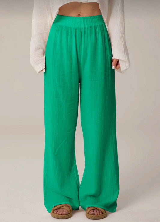 Palazzohose Damen Sommerhose aus Musselin 100% Baumwolle Elastischer Bund