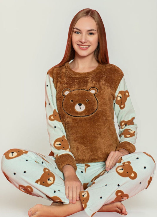 Pyjama Damen Schlafanzug Plüsch-Fleece Stoff, Welsoft, Bärchen-Muster