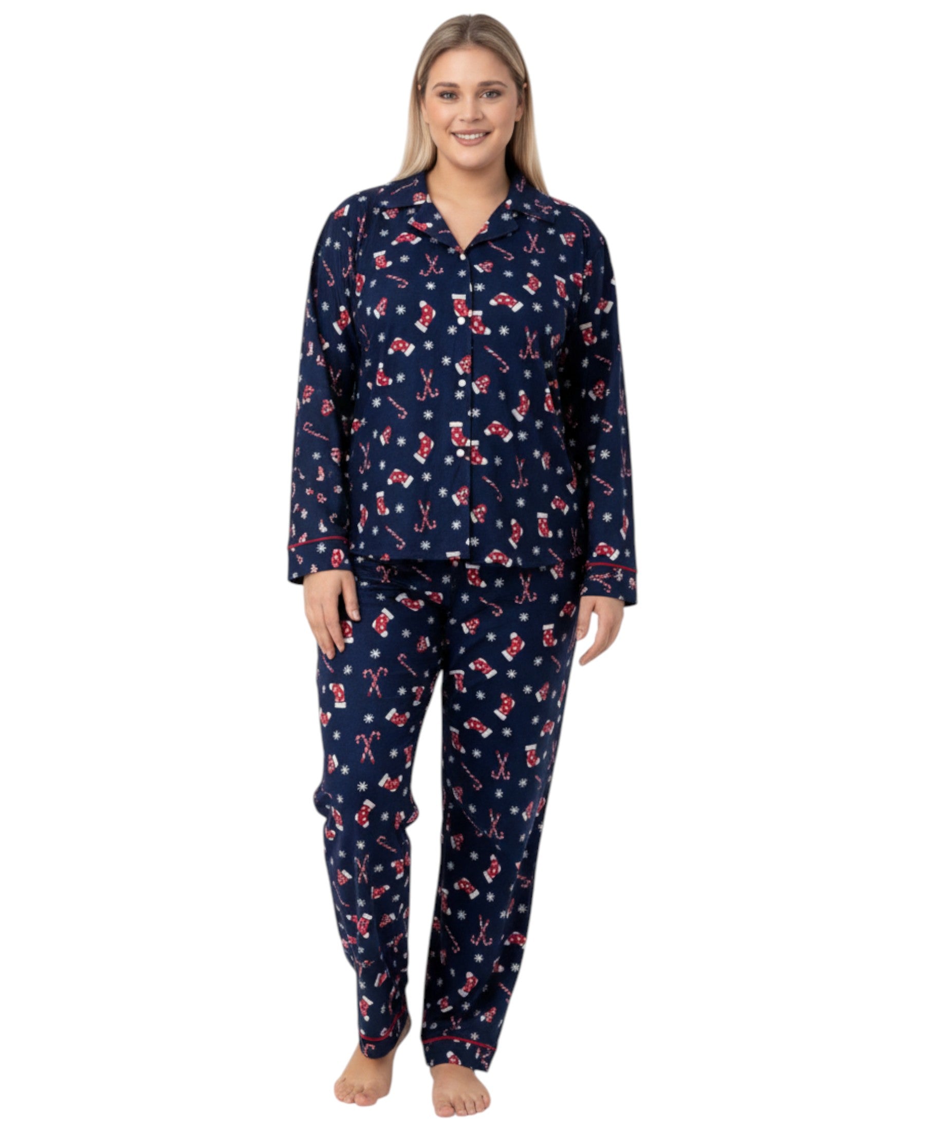 Pyjama Damen Schlafanzug mit Weihnachtsmotiven Rot & Schwarz