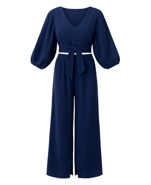 Crop-Top Set Damen Musselin-Zweiteiler mit Hose, Wickel-Top & V-Ausschnitt