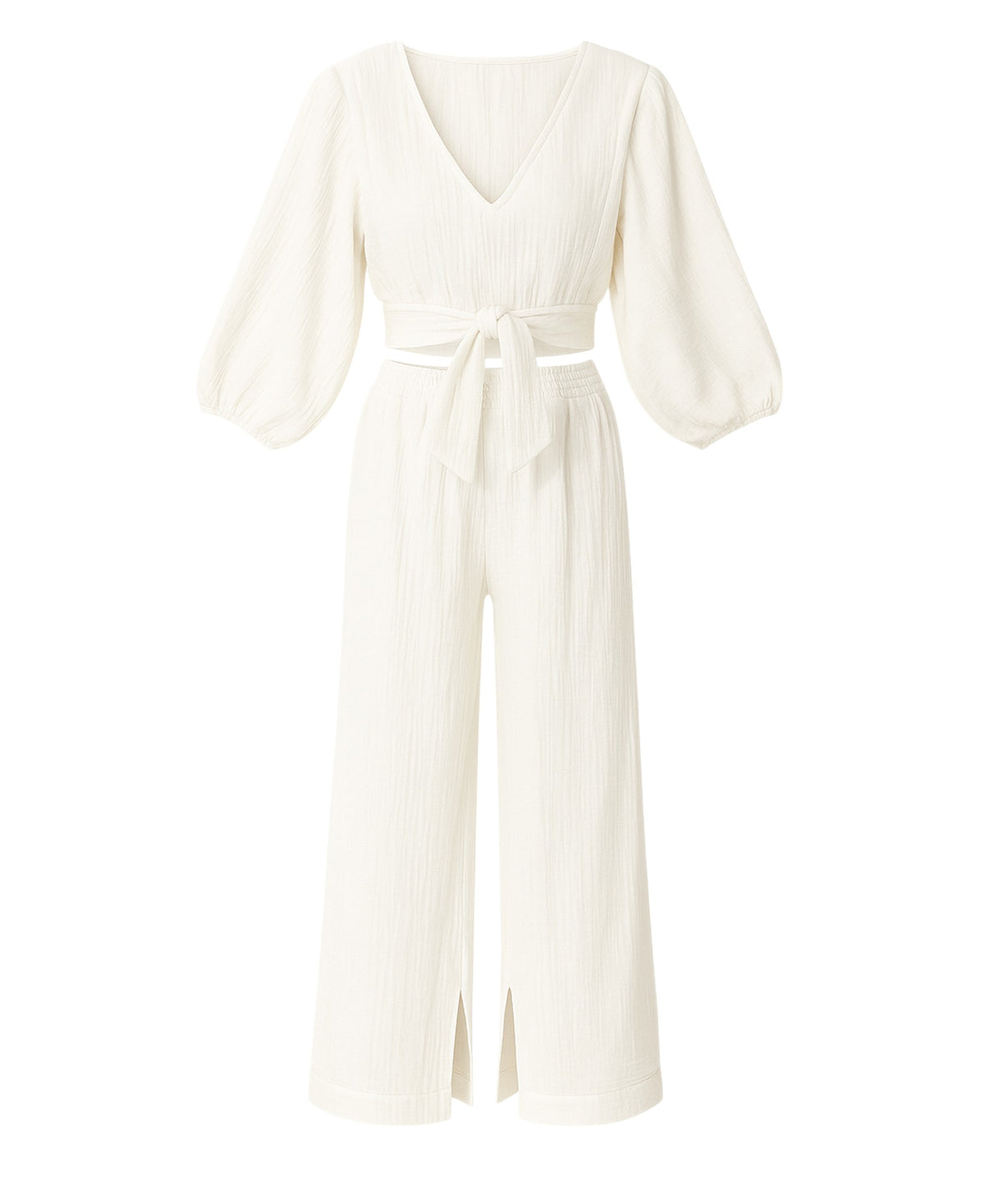 Crop-Top Set Damen Musselin-Zweiteiler mit Hose, Wickel-Top & V-Ausschnitt