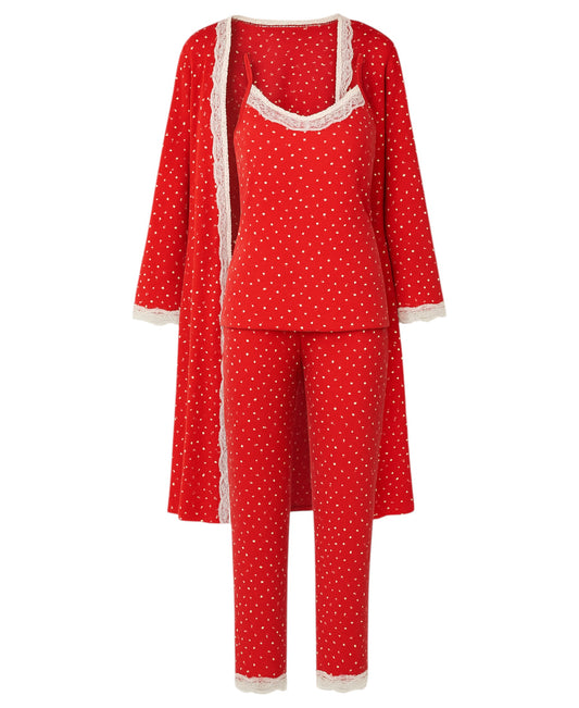 Damen 3-teilig mit Spitze - Schlafanzug Pyjama Set Kariert & Gepunktet