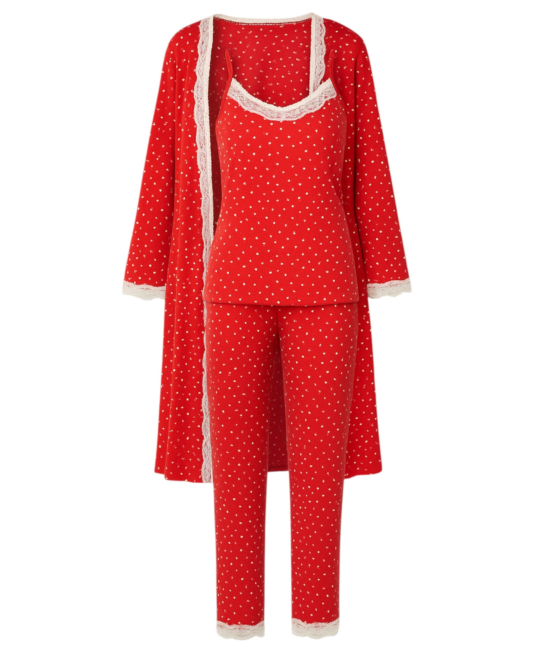 Damen 3-teilig mit Spitze - Schlafanzug Pyjama Set Kariert & Gepunktet