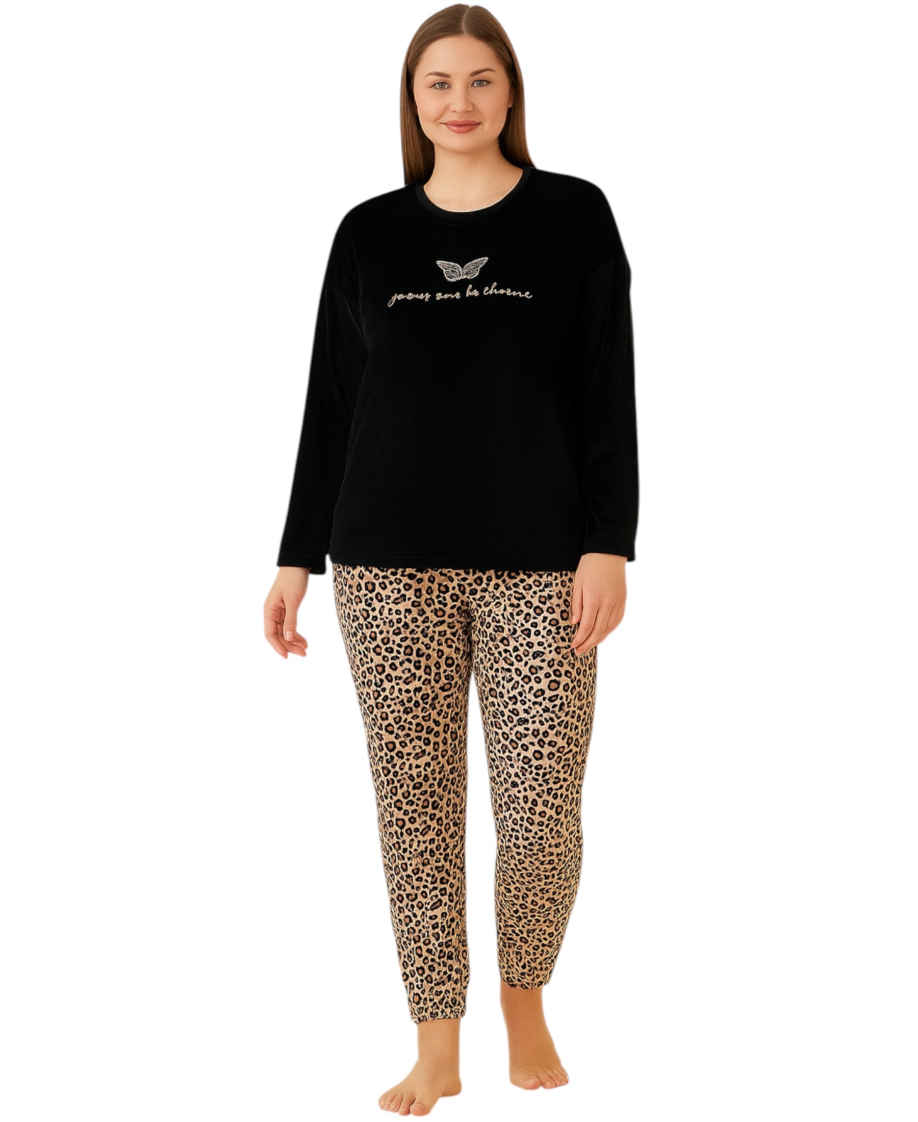 Hausanzug Damen Samt Schlafanzug Loungewear Pyjama Set Leopardenmuster