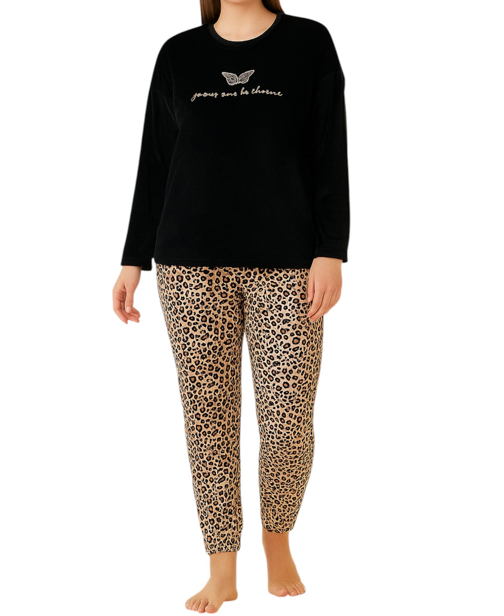 Hausanzug Damen Samt Schlafanzug Loungewear Pyjama Set Leopardenmuster