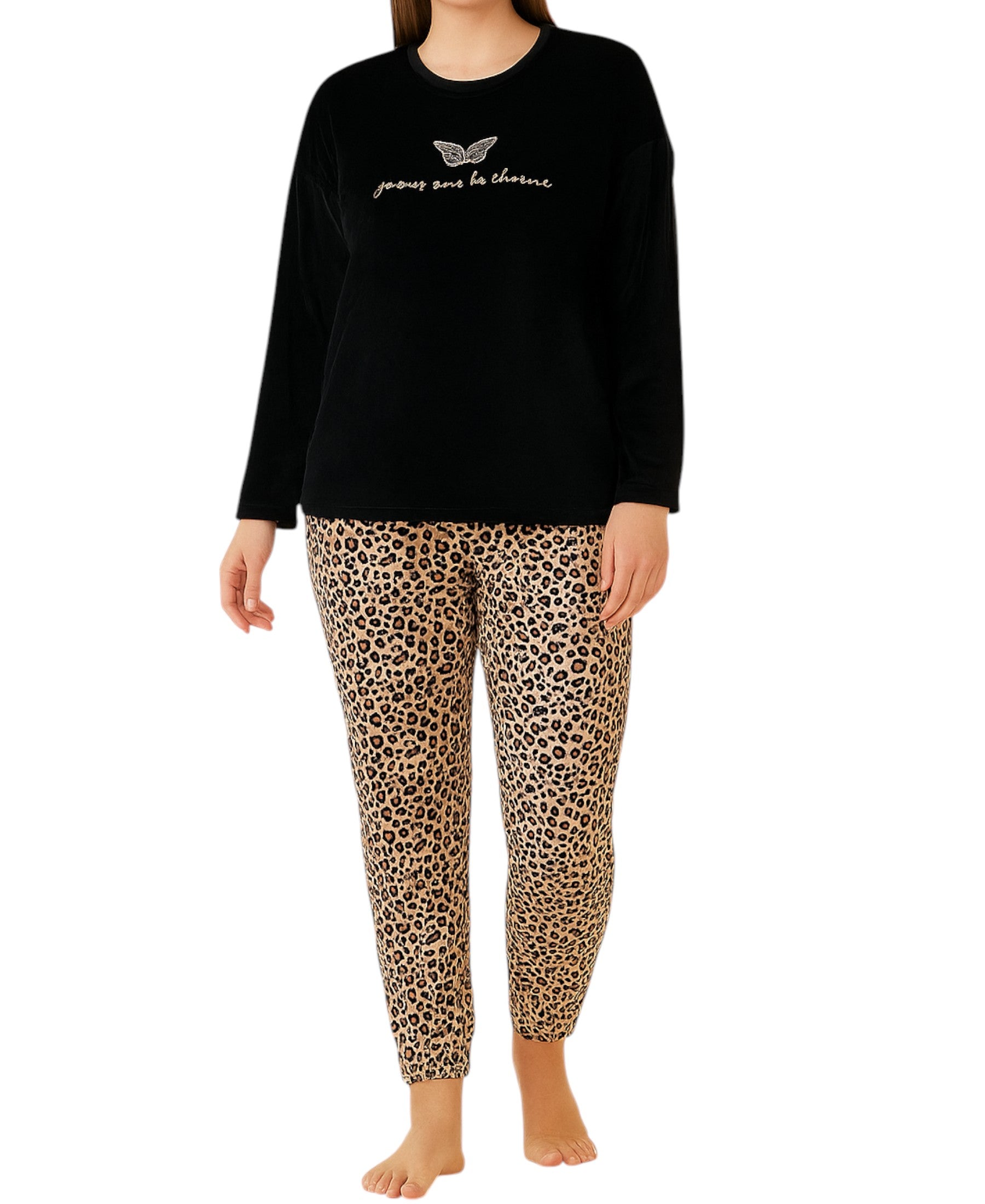 Hausanzug Damen Samt Schlafanzug Loungewear Pyjama Set Leopardenmuster