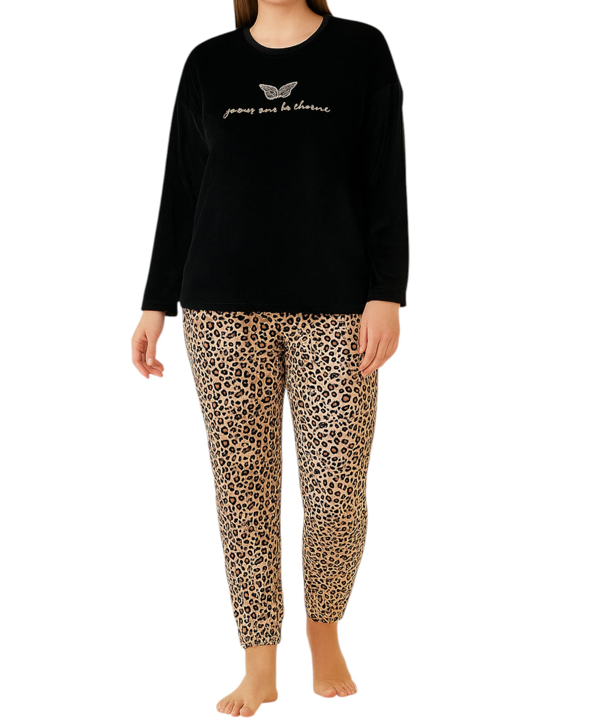 Hausanzug Damen Samt Schlafanzug Loungewear Pyjama Set Leopardenmuster