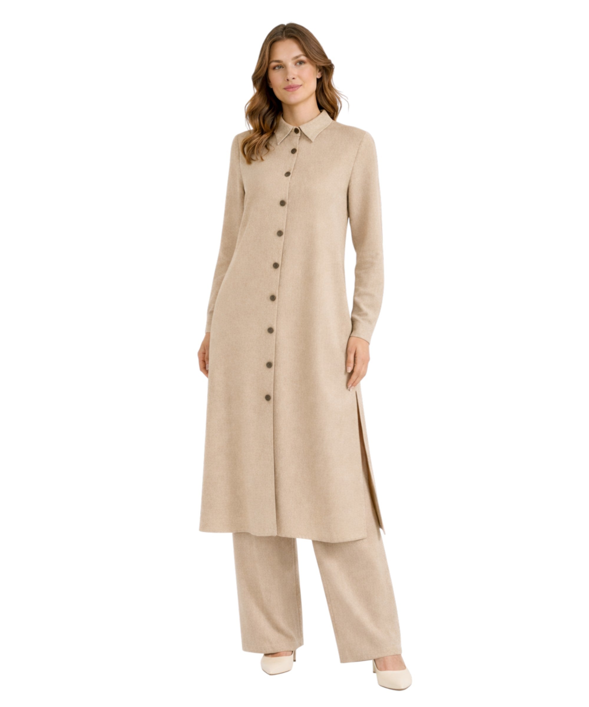 Longtunika mit Kragen und Knöpfen - Langarm-Hemdkleid Leinenoptik Modest Fashion