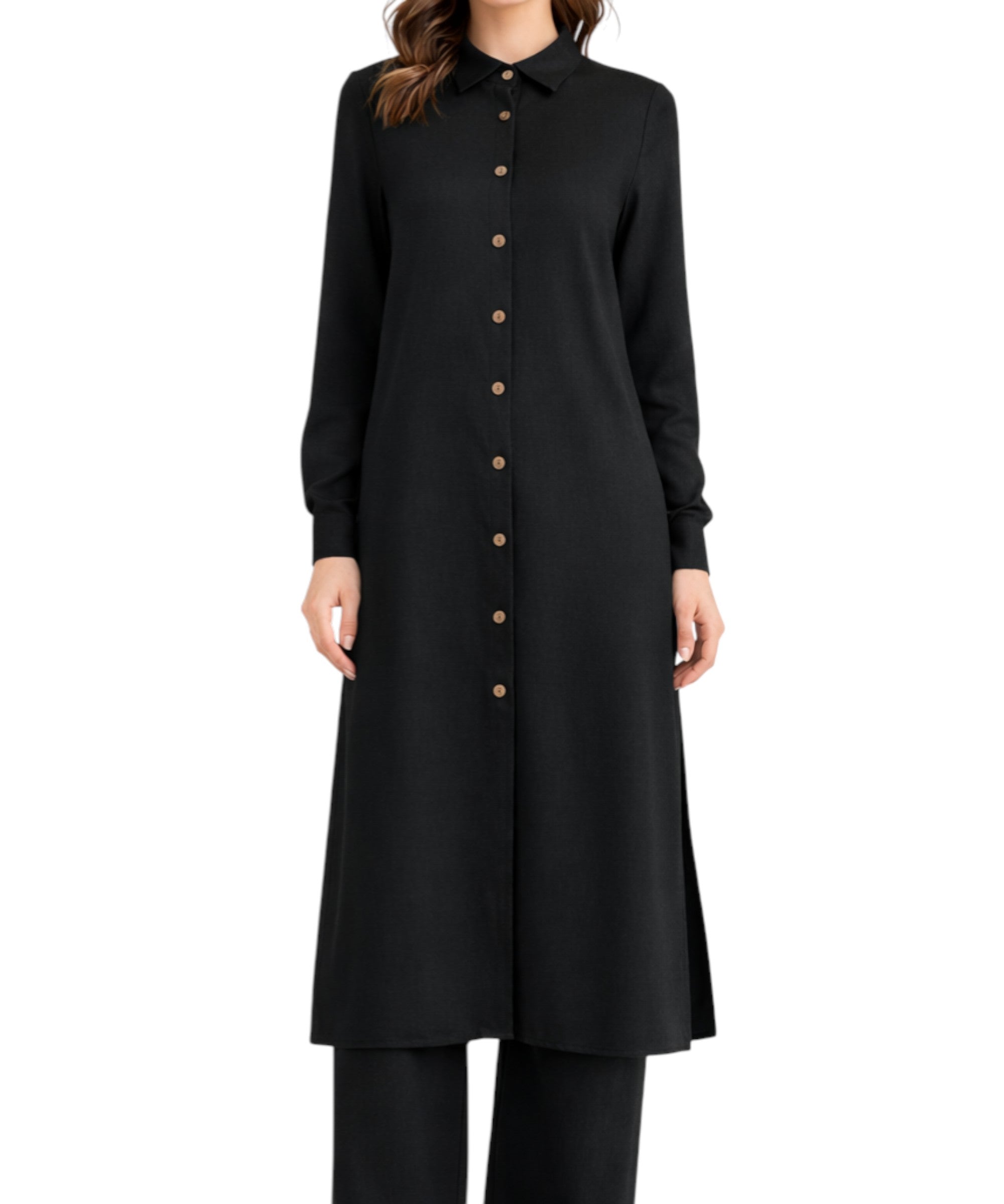 Longtunika mit Kragen und Knöpfen - Langarm-Hemdkleid Leinenoptik Modest Fashion