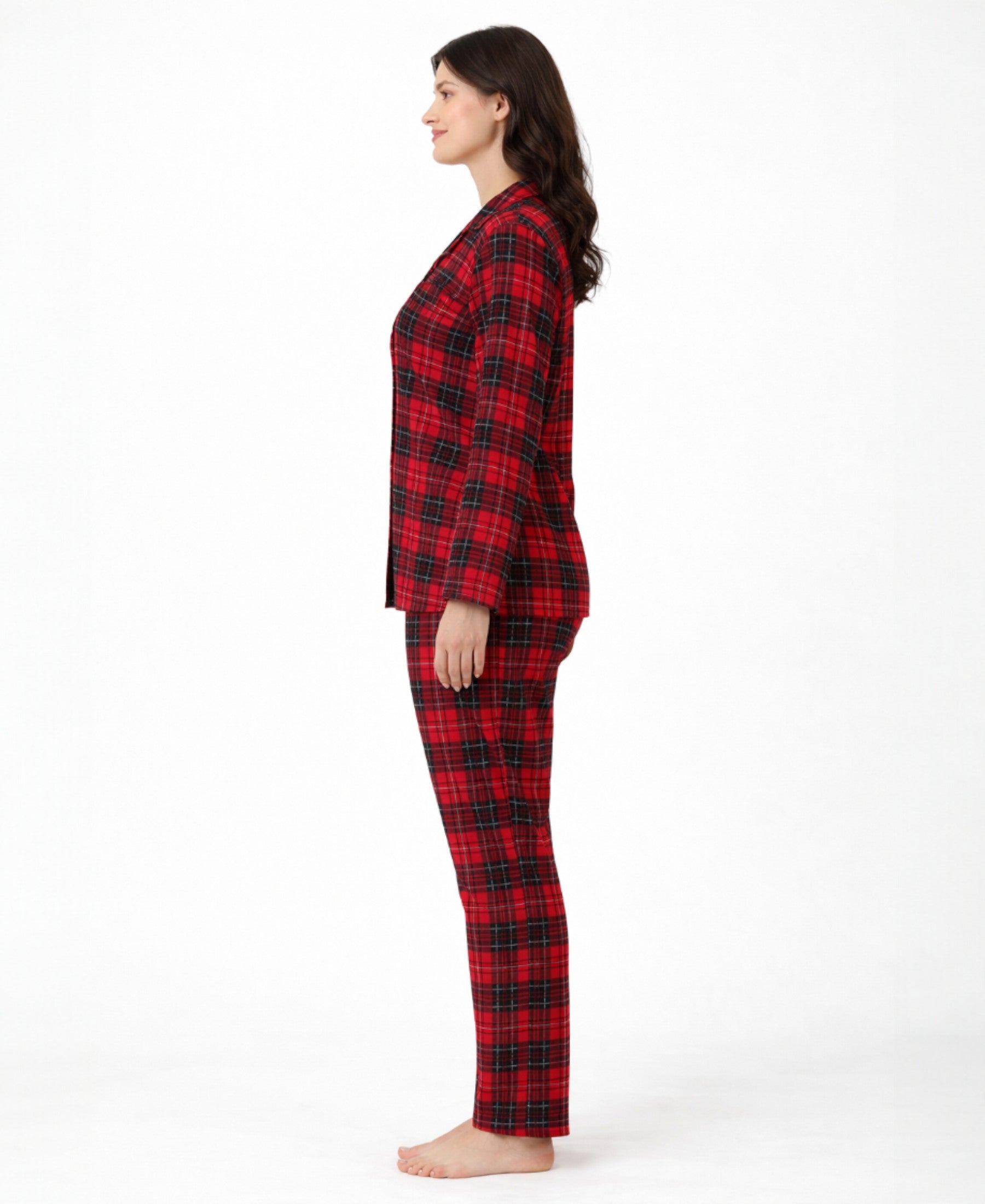 Pyjama Damen Schlafanzug Hausanzug Bordeaux kariert mit Knopfleiste