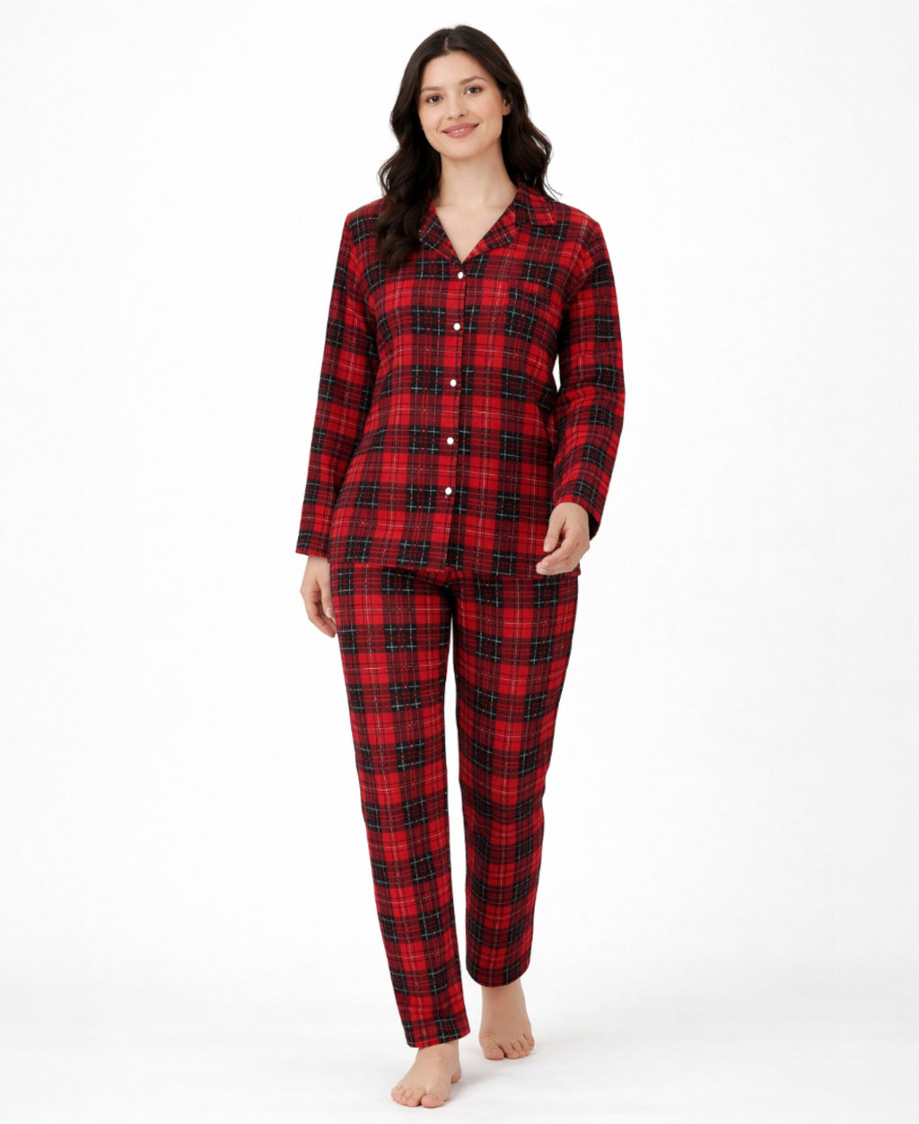 Pyjama Damen Schlafanzug Hausanzug Bordeaux kariert mit Knopfleiste