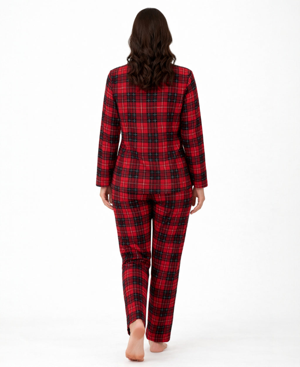 Pyjama Damen Schlafanzug Hausanzug Bordeaux kariert mit Knopfleiste