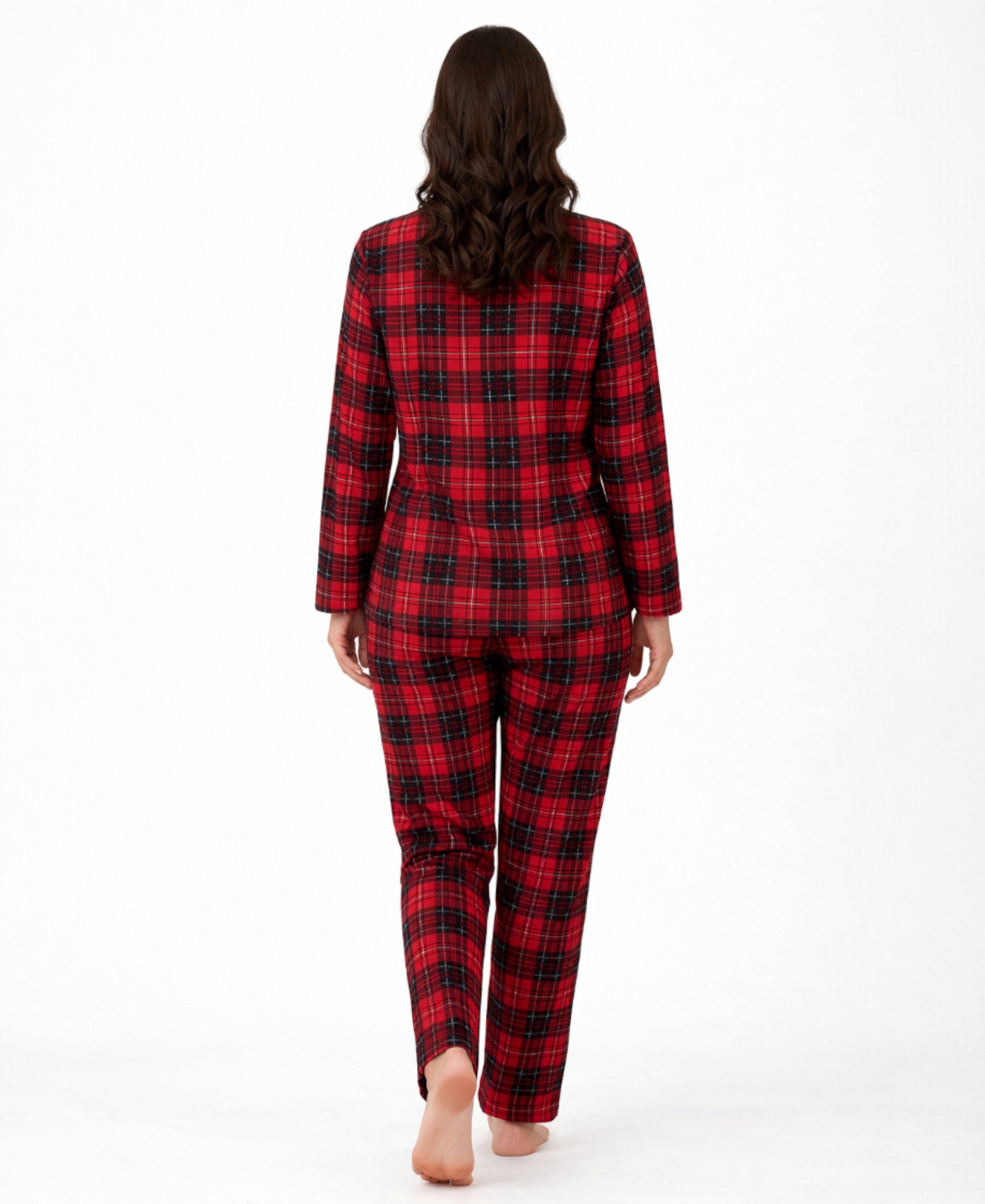 Pyjama Damen Schlafanzug Hausanzug Bordeaux kariert mit Knopfleiste