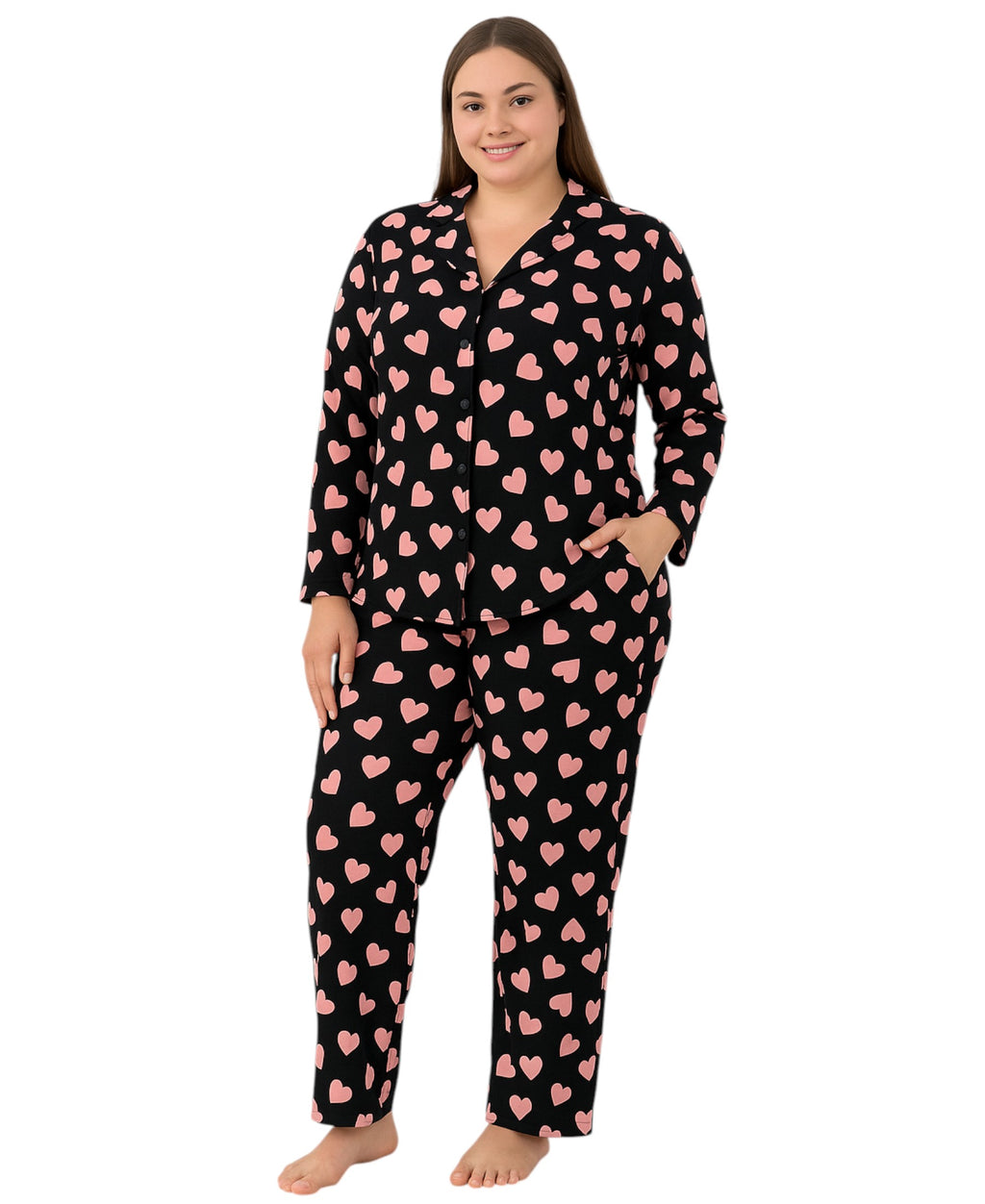 Pyjama Set Damen Schlafanzug Schwarz mit Rosa Herzen Baumwollmix
