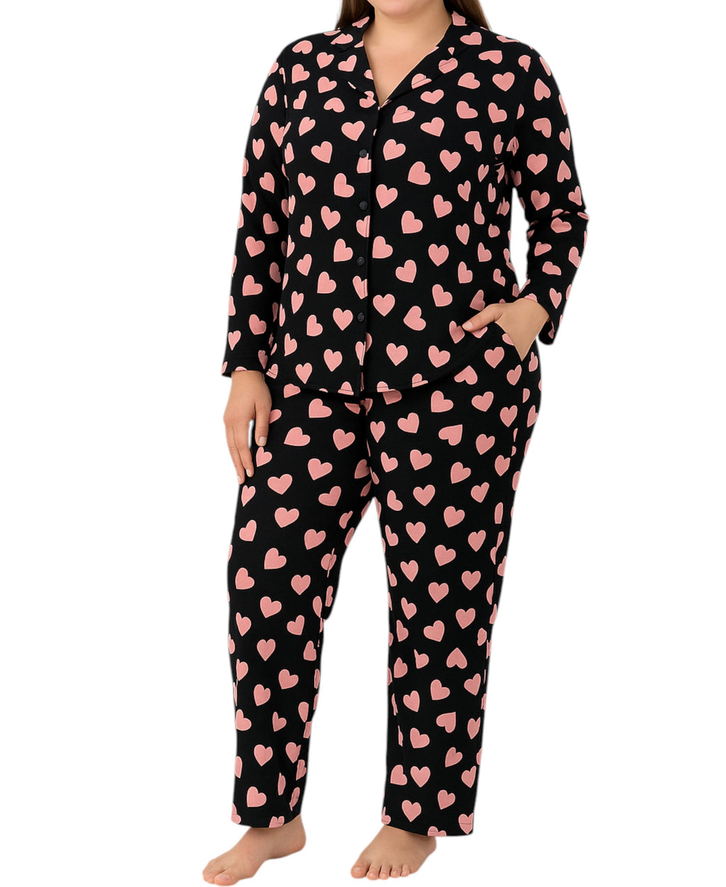 Pyjama Set Damen Schlafanzug Schwarz mit Rosa Herzen Baumwollmix