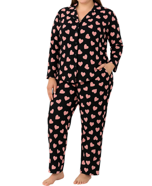 Pyjama Set Damen Schlafanzug Schwarz mit Rosa Herzen Baumwollmix