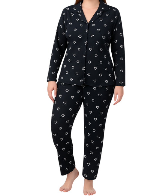 Damen – Langarm Schlafanzug schwarz mit Herzmuster, Knopfleiste, weich