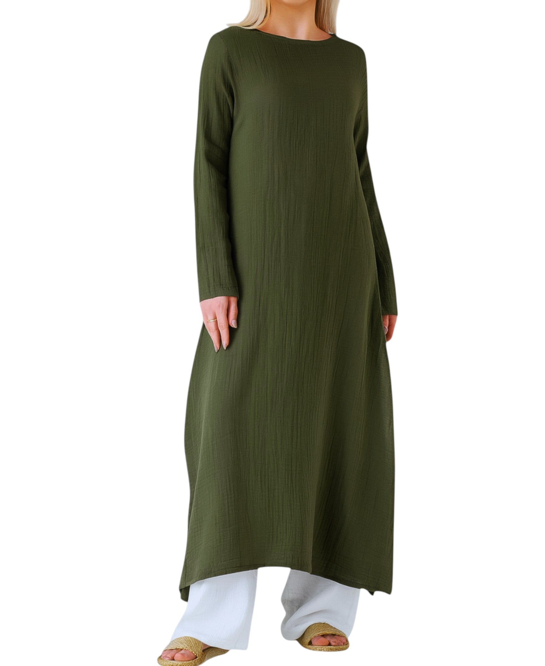 Longtunika Musselin 100 % Baumwolle 125 cm, Seitenschlitze, Modest Fashion 34–50