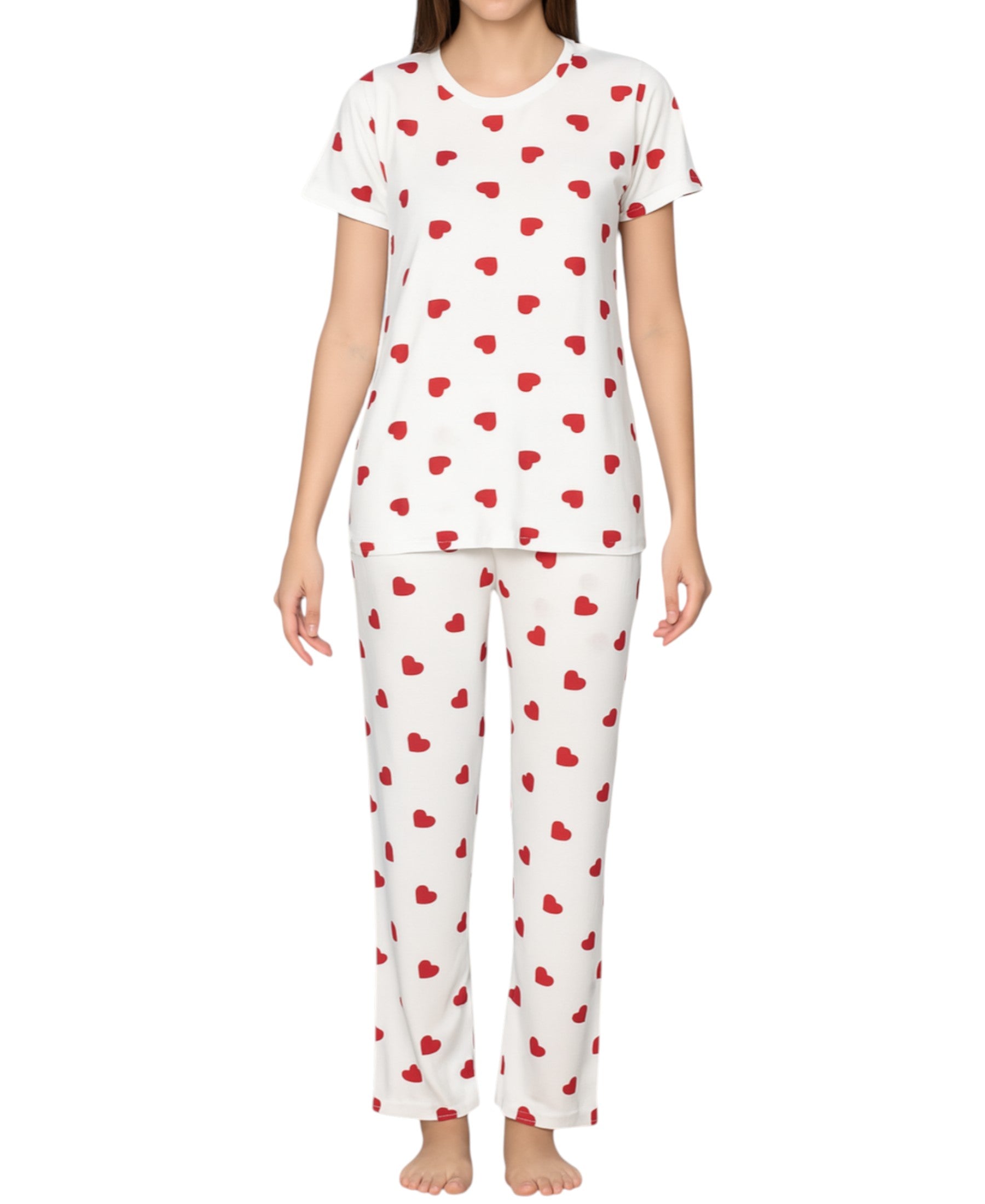 Pyjama Damen Zweiteiler mit Herzmuster – Kurzarmshirt & lange Hose, 3 Varianten