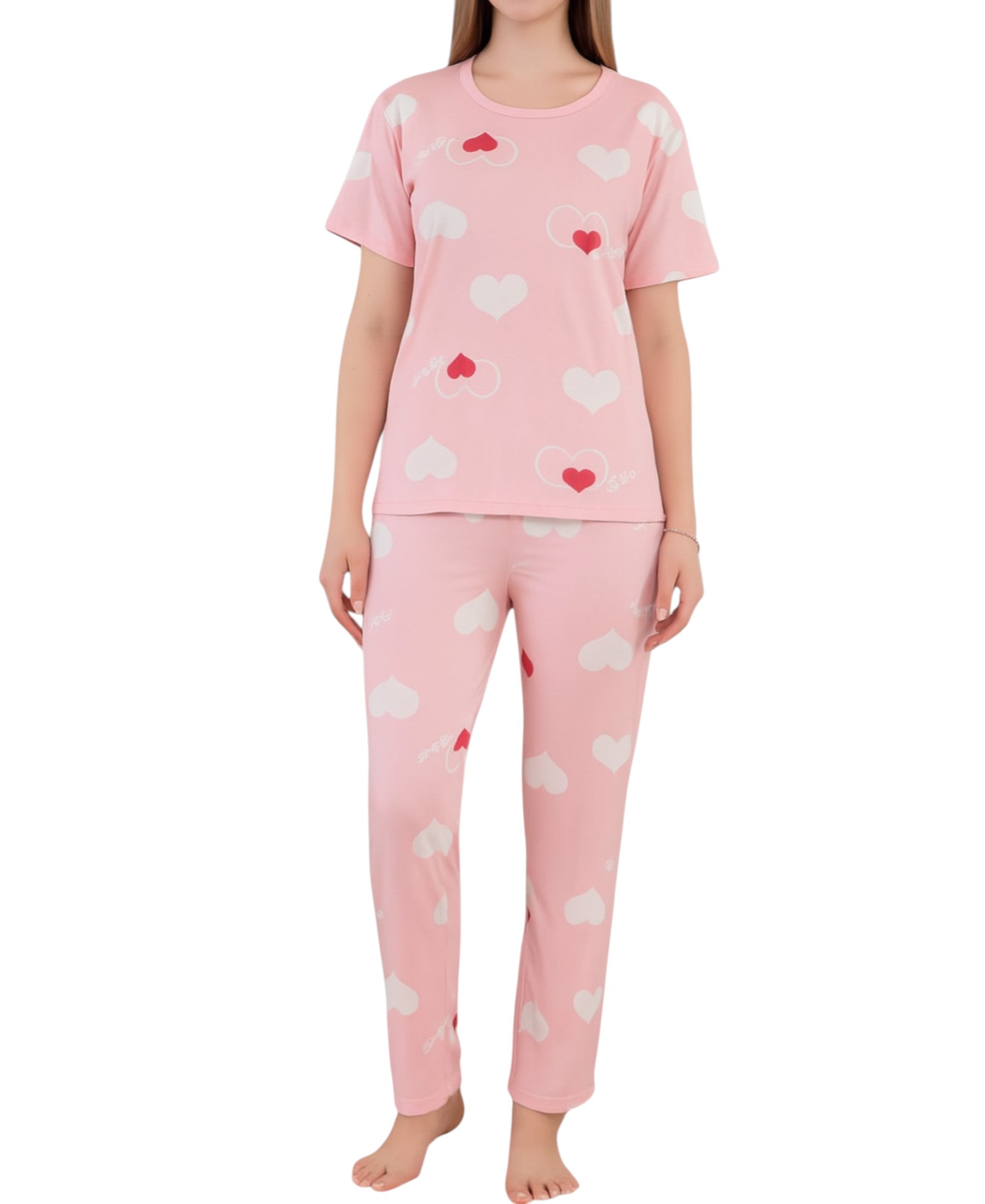 Pyjama Damen Zweiteiler mit Herzmuster – Kurzarmshirt & lange Hose, 3 Varianten
